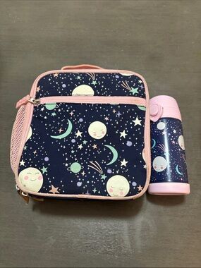 PB Kids Space Moon Lunch Bag and Bottle Set - Pink/Navy - Glows in the dark!